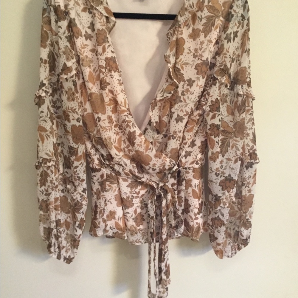 CeCe Floral Wrap Blouse - Brown and Cream Size Medium